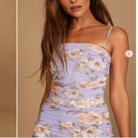 Lulus Stun and Only Lilac Floral Print Ruched Mesh Bodycon Midi Dress NWT XL - Picture 3 of 11